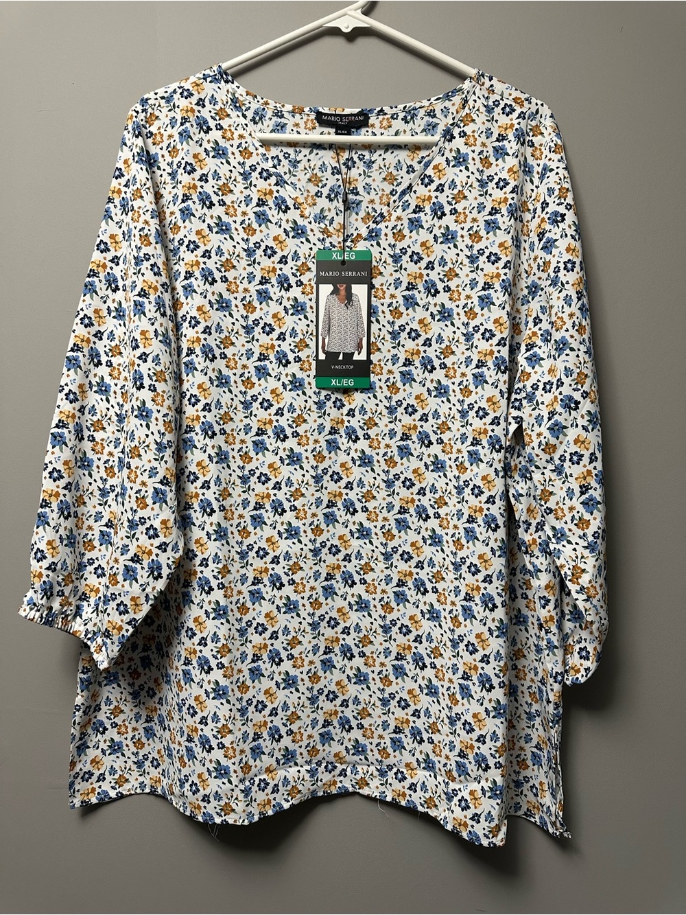 Mario Serrani White Floral Tunic with Blue & Mustard Print